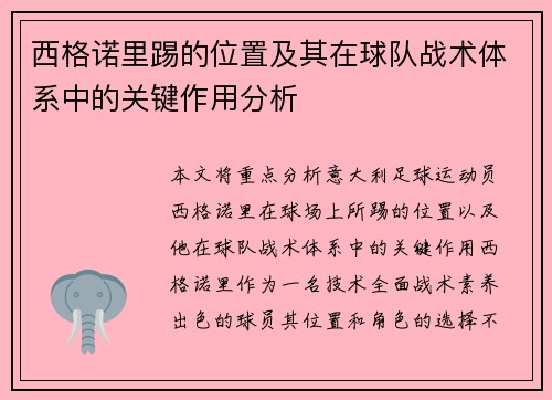 西格诺里踢的位置及其在球队战术体系中的关键作用分析
